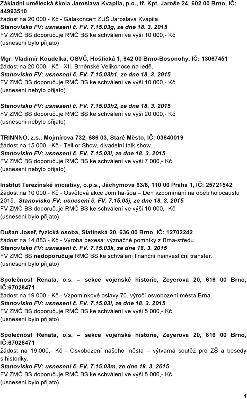 3. 2015 Stanovisko FV: usnesení č. FV. 7.15.03h2, ze dne 18. 3. 2015 FV ZMČ BS doporučuje RMČ BS ke schválení ve výši 20 000,- Kč TRINNNO, z.s., Mojmírova 732, 686 03, Staré Město, IČ: 03640019 žádost na 15 000, -Kč - Tell or Show, divadelní talk show.