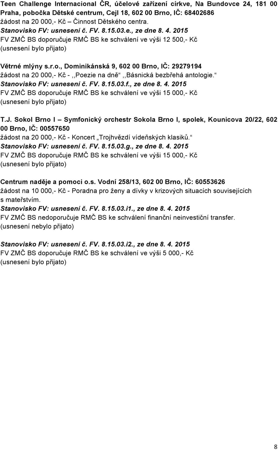 Stanovisko FV: usnesení č. FV. 8.15.03.f., ze dne 8. 4. 2015 FV ZMČ BS doporučuje RMČ BS ke schválení ve výši 15 000,- Kč T.J.