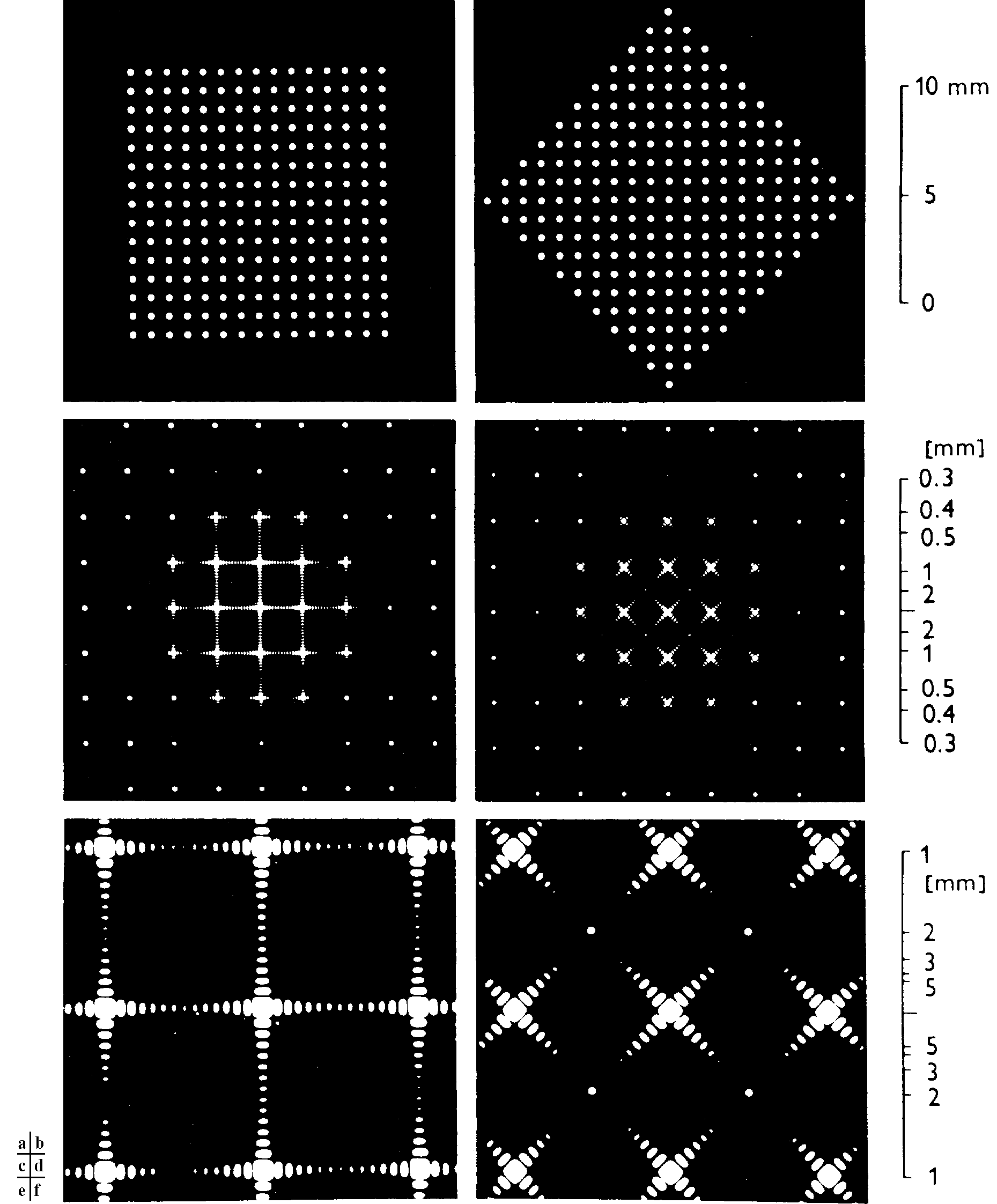 Obrázek 14: Vliv vnějšího tvaru konečné mřížky na tvar difrakčních stop [23]. a),b) dvojrozměrné mřížky s touž strukturou čtverečnou), avšak s různými vnějšími okraji.