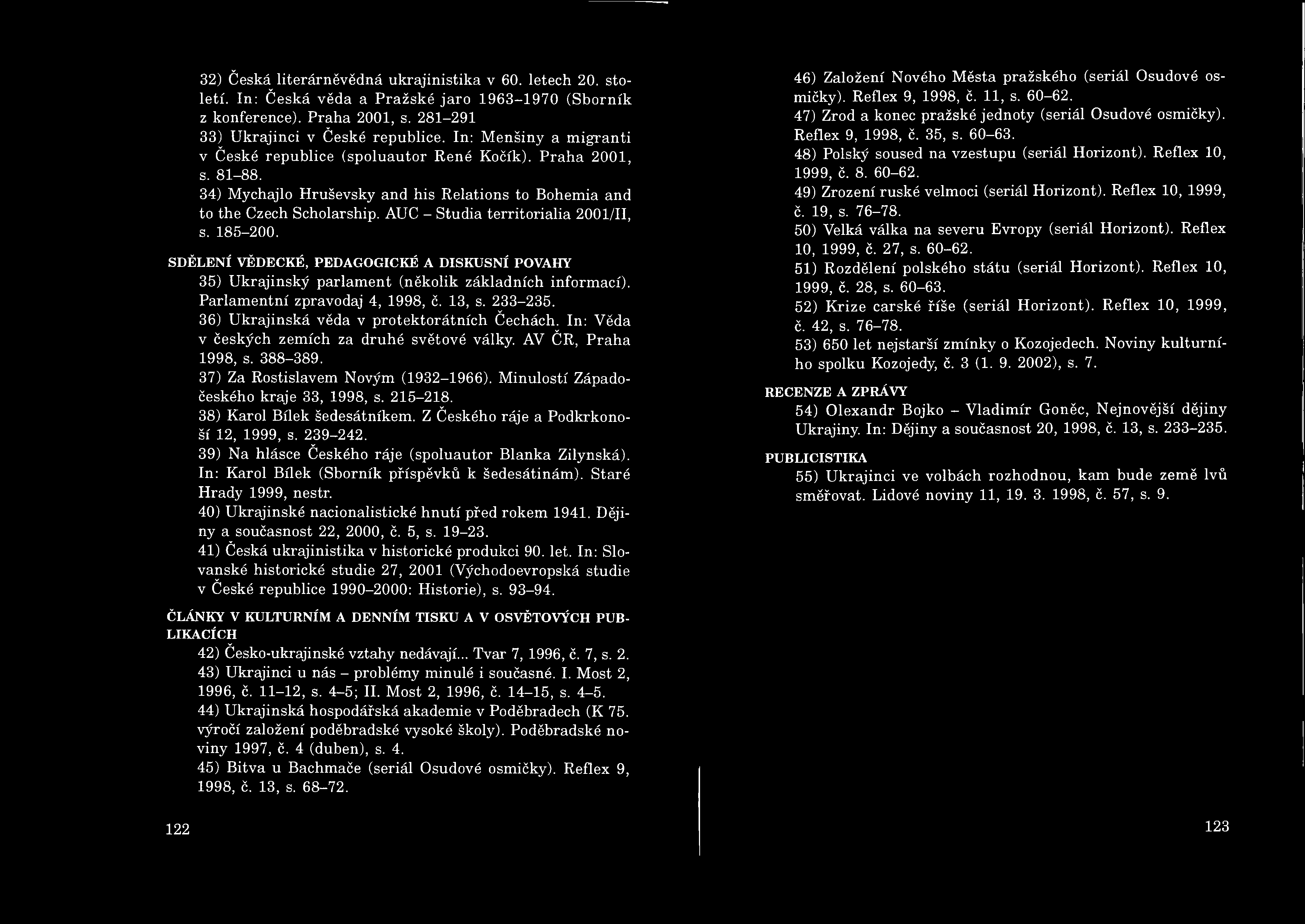 32) Česká literárněvědná ukrajinistika v 60. letech 20. století. In: Česká věda a Pražské jaro 1963-1970 (Sborník z konference). Praha 2001, s. 281-291 33) Ukrajinci v České republice.