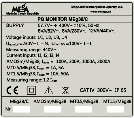 PQ monitor MEg38/C uživatelský návod Obr. 8: Výkonnostní štítek PQ monitoru MEg38/C Vysvětlivky k výkonnostnímu štítku Výkonnostní štítek monitoru, viz obr. 8, je umístěn na jeho zadní straně.
