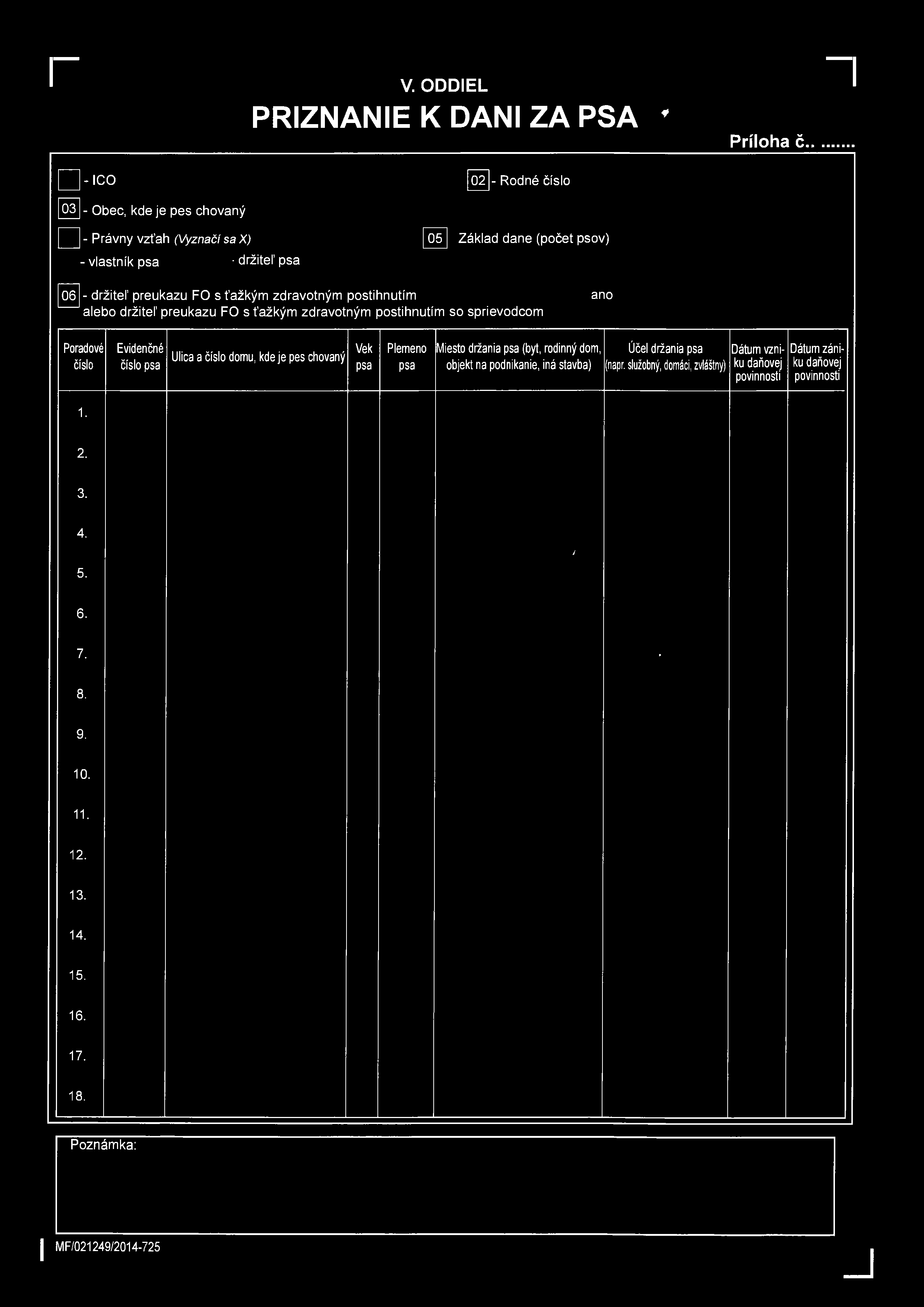 I V. ODDIEL I PRIZNANIE K DANI ZA PSA * -ICO 02 - Rodé číslo 03 - Obec, kde je pes chovaý - Právy vzťah (Vyzačí sa X) - vlastík psa držiteľ psa 05 Základ dae (počet psov) 06 - držiteľ preukazu FO s