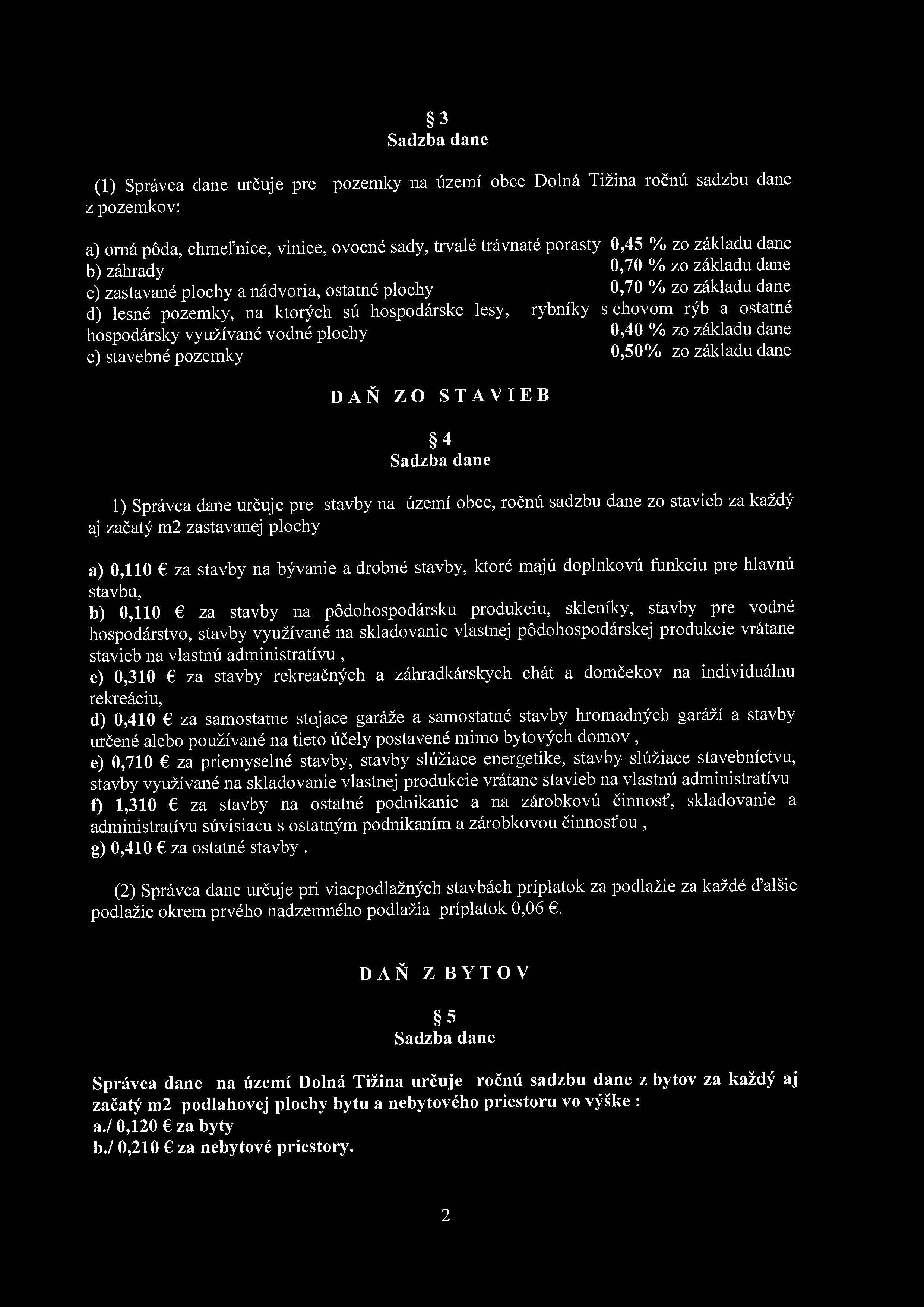 3 (1) Správca dane určuje pre pozemky na území obce Dolná Tižina ročnú sadzbu dane z pozemkov: a) orná pôda, chmeľnice, vinice, ovocné sady, trvalé trávnaté porasty 0,45 % zo základu dane b) záhrady