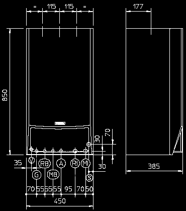 ROZMĚRY KOTLE VICTRIX Plus VICTRIX 20 PLUS VICTRIX 27 PLUS G plyn ½ RB zpátečka topné vody z boileru 3/4 RI zpátečka top.