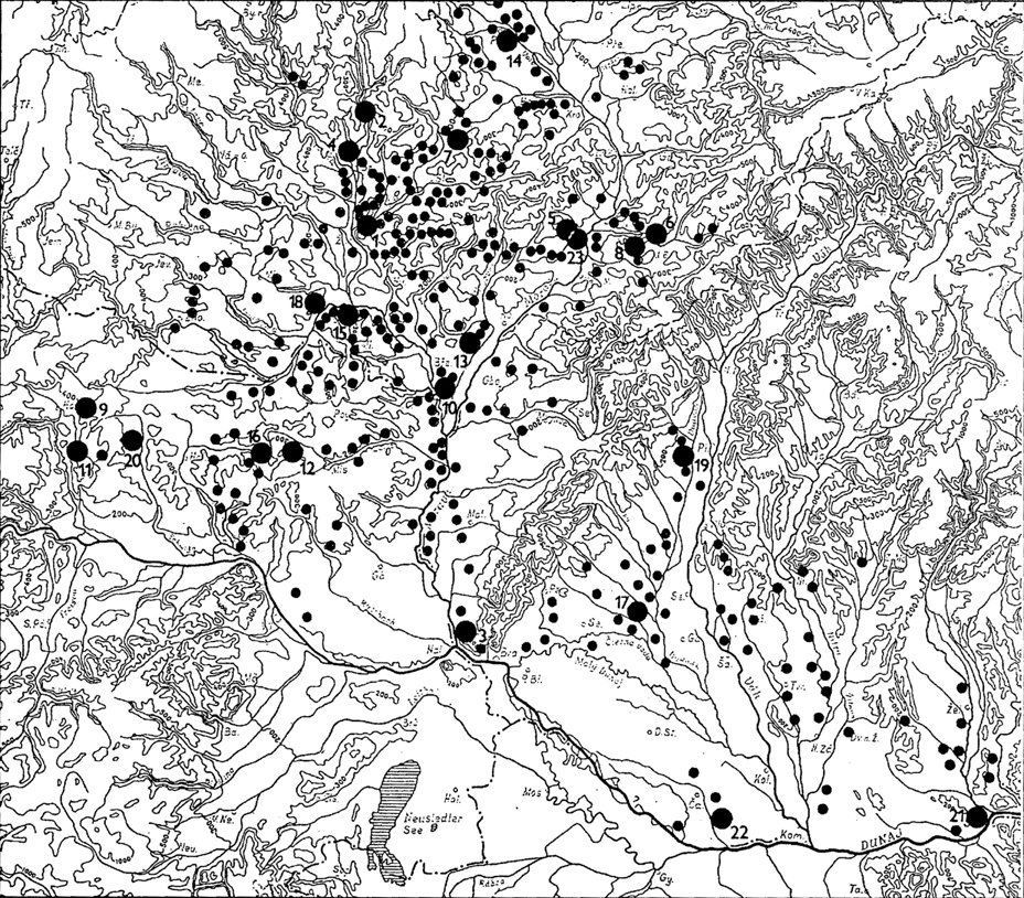 Obr. 1. Sídlištní situace koncem 4. stol. ve středním Podunají (podle Tejral 1999, Abb. 29). Lokalita č. 23 Zlechov. horizontu a právě tyto cizí východní prvky v materiální kultuře (jako např.