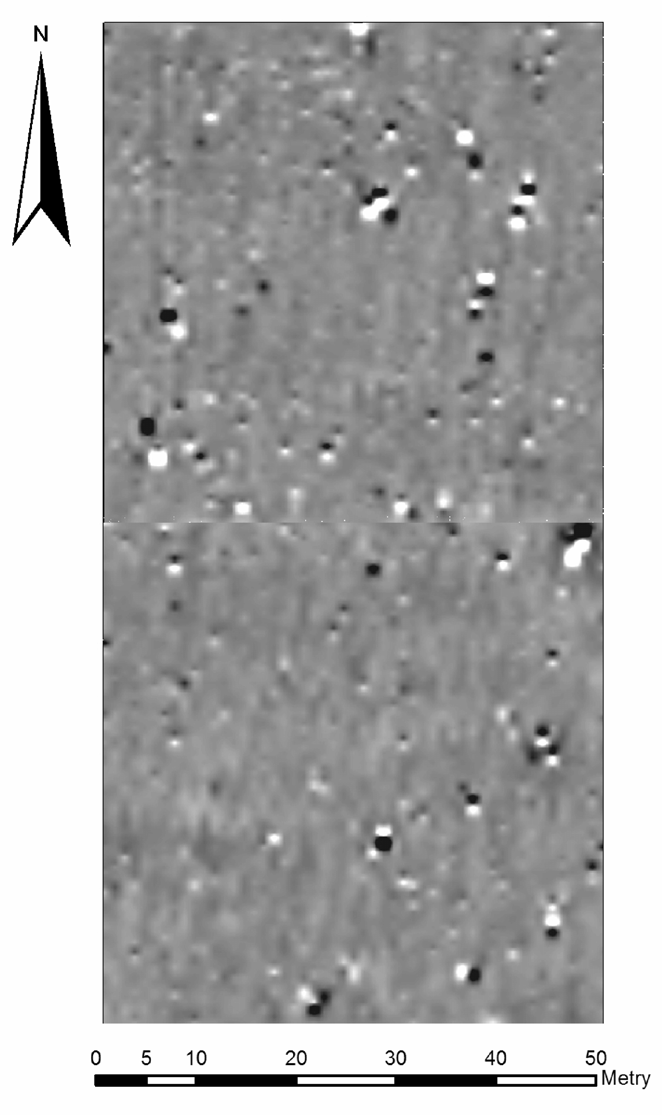 Obr. 37. Magnetogram severovýchodnej plochy. Dynamika nameraných hodnôt -3/+3 nt v 256 stupňoch šedej škály (čierna/biela).