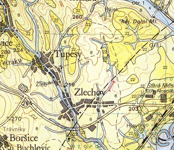ZLECHOV Padělky (Geologická mapa ČR Uherské Hradiště 25-33) 1.Zarážená sonda (N 49 04 33,9, EO17 23 47.