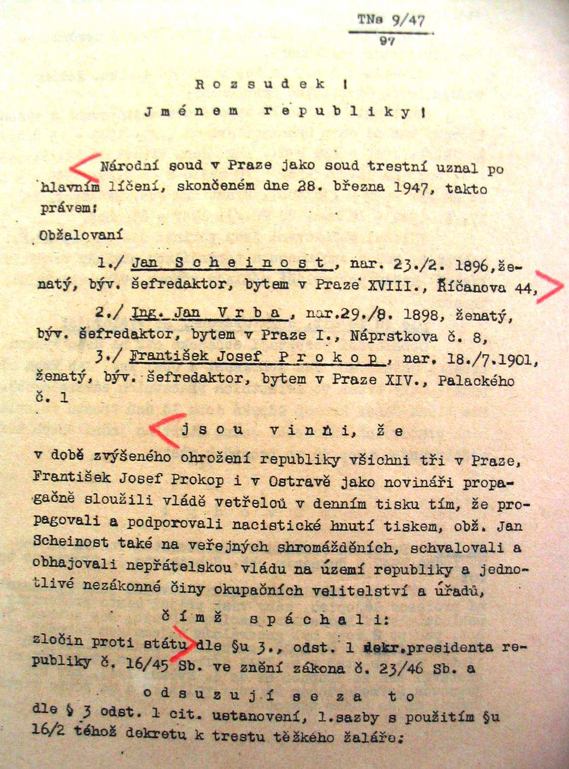 Obr. 55: Národní soud rozsudkem z 28. března 1947 uznal J.