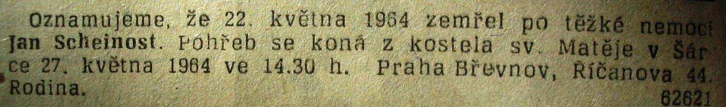 Obr. 58: Oznámení o úmrtí Jana Scheinosta se objevilo 24.