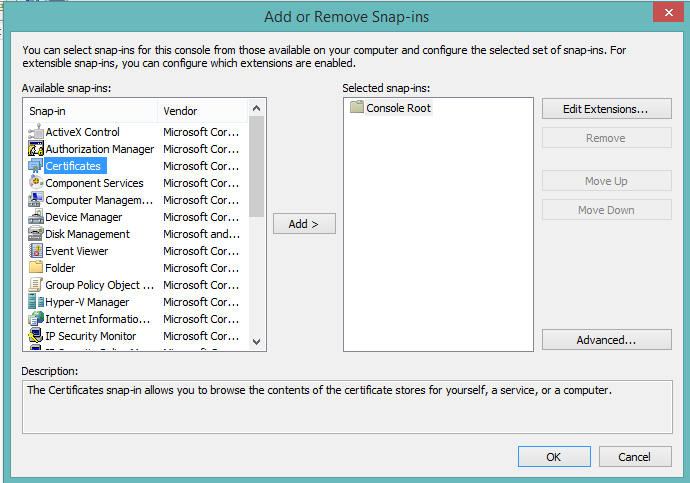 Obrázok 8 Dialóg - Console1 (Console Root) pre MMC Z hlavného menu sa zvolí záložka File (Súbor), následne z kontextového menu sa vyberie možnosť Add/Remove Snap-in... (Pridať/Odobrať modul Snap-in...). Systém zobrazí dialóg Add or Remove Snap-ins, kde v časti Snap-in sa označí možnosť Certificates (Certifikáty), pozri Obrázok 9.