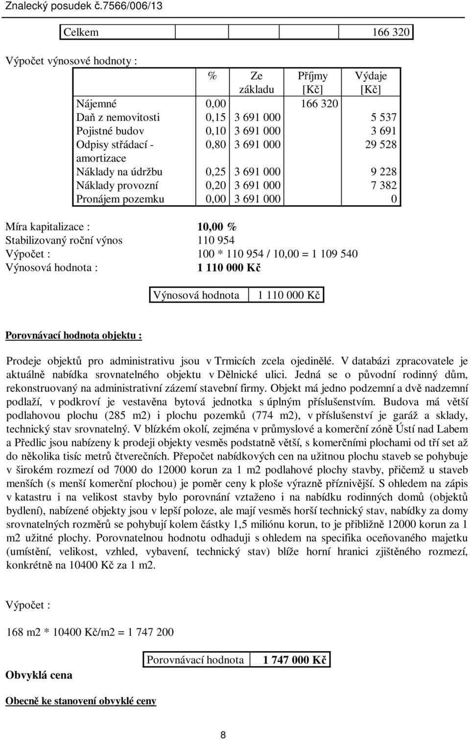 Výpoet : 100 * 110 954 / 10,00 = 1 109 540 Výnosová hodnota : 1 110 000 K Výnosová hodnota 1 110 000 K Porovnávací hodnota objektu : Prodeje objekt pro administrativu jsou v Trmicích zcela ojedinlé.