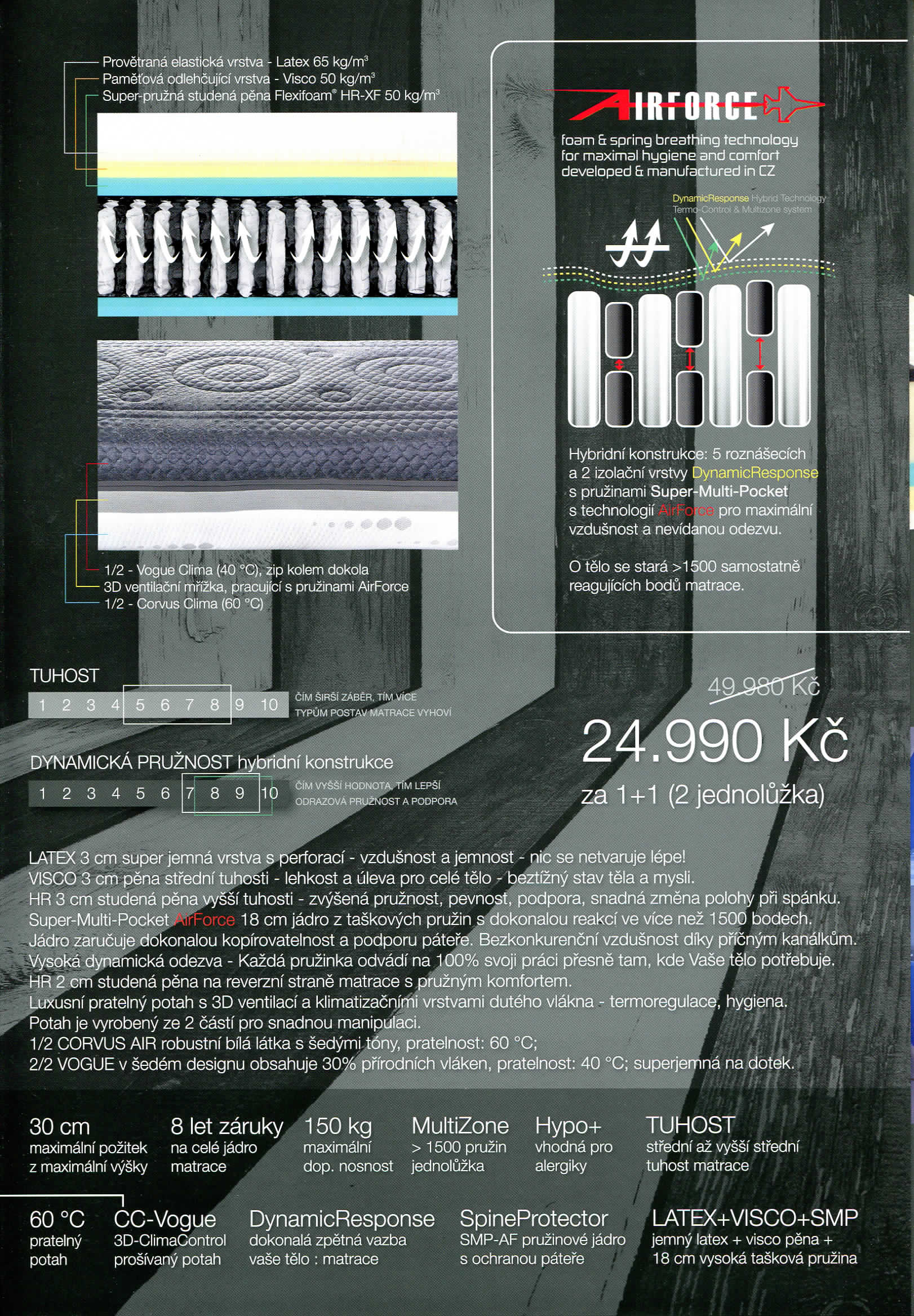 Provetrana elasticka vrstva - Latex 65 kg/m^ Pamet'ova odiehcujici vrstva - Visco 50 kg/nf Super-pruzna studena pena Flexifoam" HR-XF 50 kg/m IRrORCL foam & spring brestlning technoiogy For mbxima!