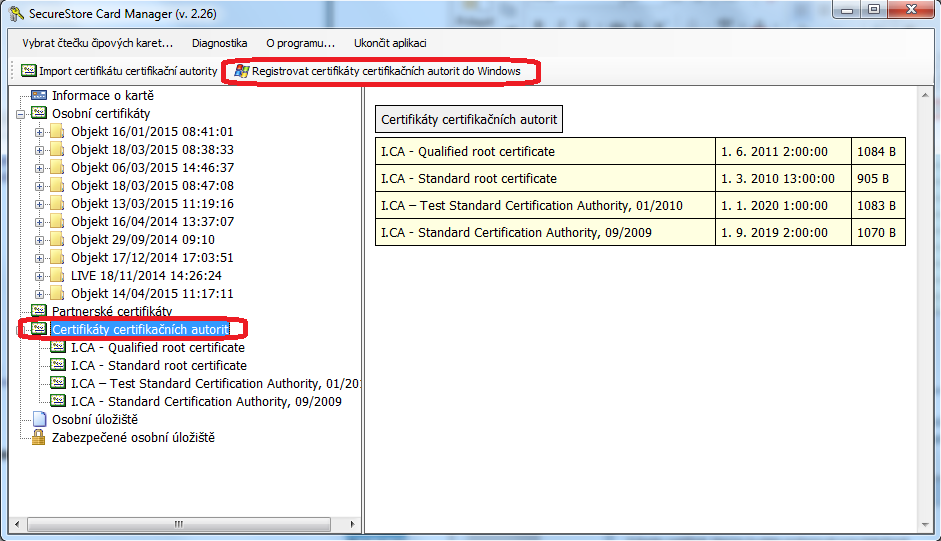 Hromadnú registráciu koreňových certifikátov umožňuje tlačidlo Registrovať certifikáty certifikačních autorit do Windows na nasledujúcej obrazovke.