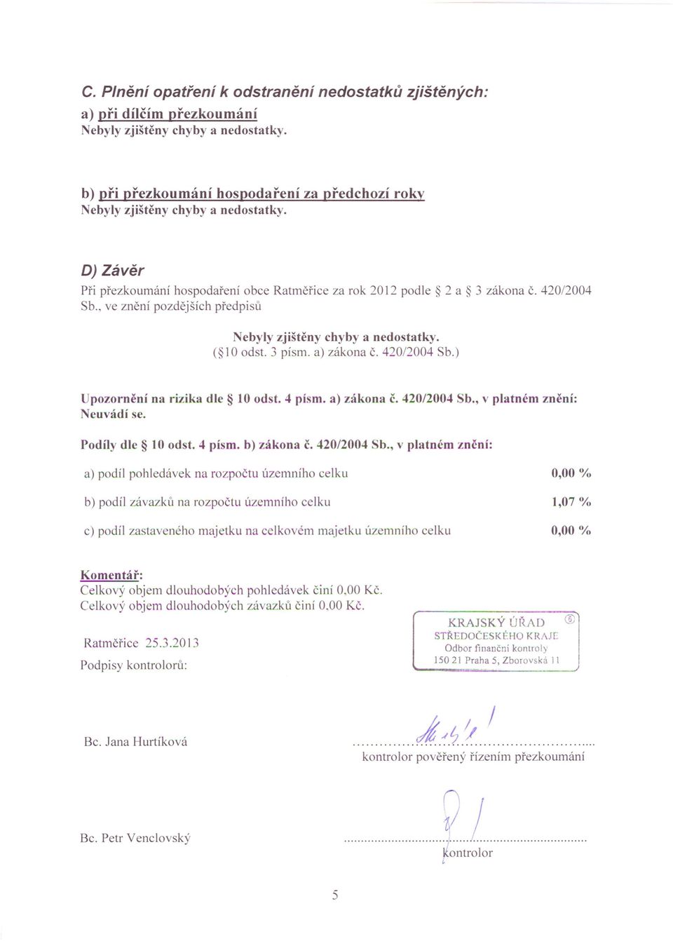 420/2004 Sb.) Upozornění na rizika dle 10 odst. 4 písmo a) zákona č. 420/2004 Sb., v platném znění: Neuvádí se. Podíly dle 10 odst. 4 písmo b) zákona č. 420/2004 b.