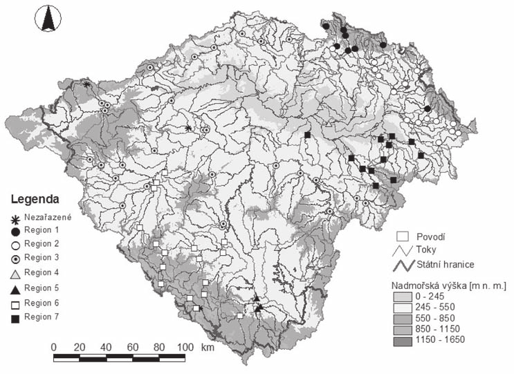 98 jana chalušová josef hladný radek čekal Obr. 6 Geografické regiony podle výskytu povodní. z hlediska zvolené charakteristiky sezonálního výskytu extrémních průtoků podobná či rozdílná.