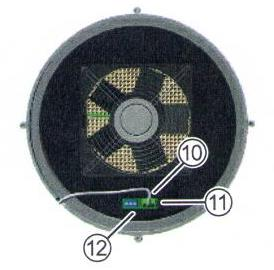 zapojte ventilátor na mód dotahu vzduchu. zasuňte konektor (10) do zeleného protikusu (11) na řídící sběrnici (12). dbejte na to, aby šrouby na konektoru byly viditelné. nastavení v módu odtahu.