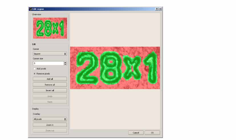 Obr. 73: Maska Parametr Kurzor (tvar) Velikost kurzoru Přidat / odtranit pixely Přidat vše Odstranit vše Undo (Anulovat) Redo Display Funkce Změna tvaru kurzoru Změna velikosti kurzoru Volba, zda