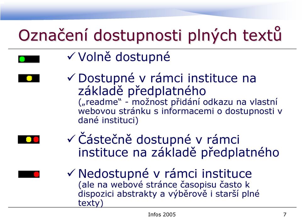 dostupnosti v dané instituci) Částečně dostupné v rámci instituce na základě předplatného Nedostupné