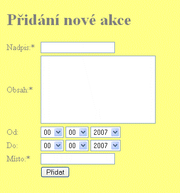 Na stránku Akce se dostanete přesměrováním po přihlášení, nebo odkazem Akce v levém menu hlavičky. V horní části stránky se zobrazí seznam všech akcí (obr.4.).