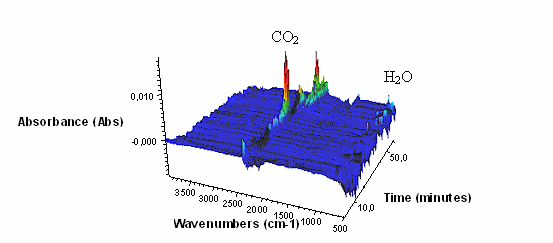 Obr. 11 Grafické znázornění záznamu z EGA analýzy použitého slévárenského písku Z grafů na obrázcích 10 a 11 lze vyčíst, že ze slévárenského písku se při 800 C uvolnilo malé množství CO 2 (pásy okolo