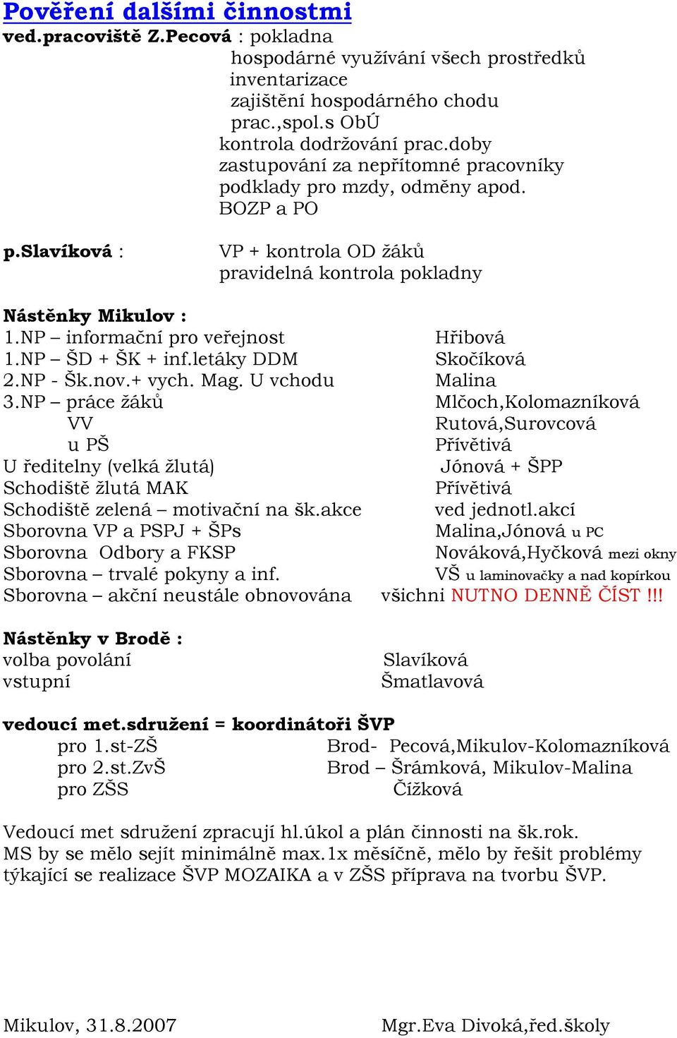 NP informační pro veřejnost Hřibová 1.NP ŠD + ŠK + inf.letáky DDM Skočíková 2.NP - Šk.nov.+ vych. Mag. U vchodu Malina 3.