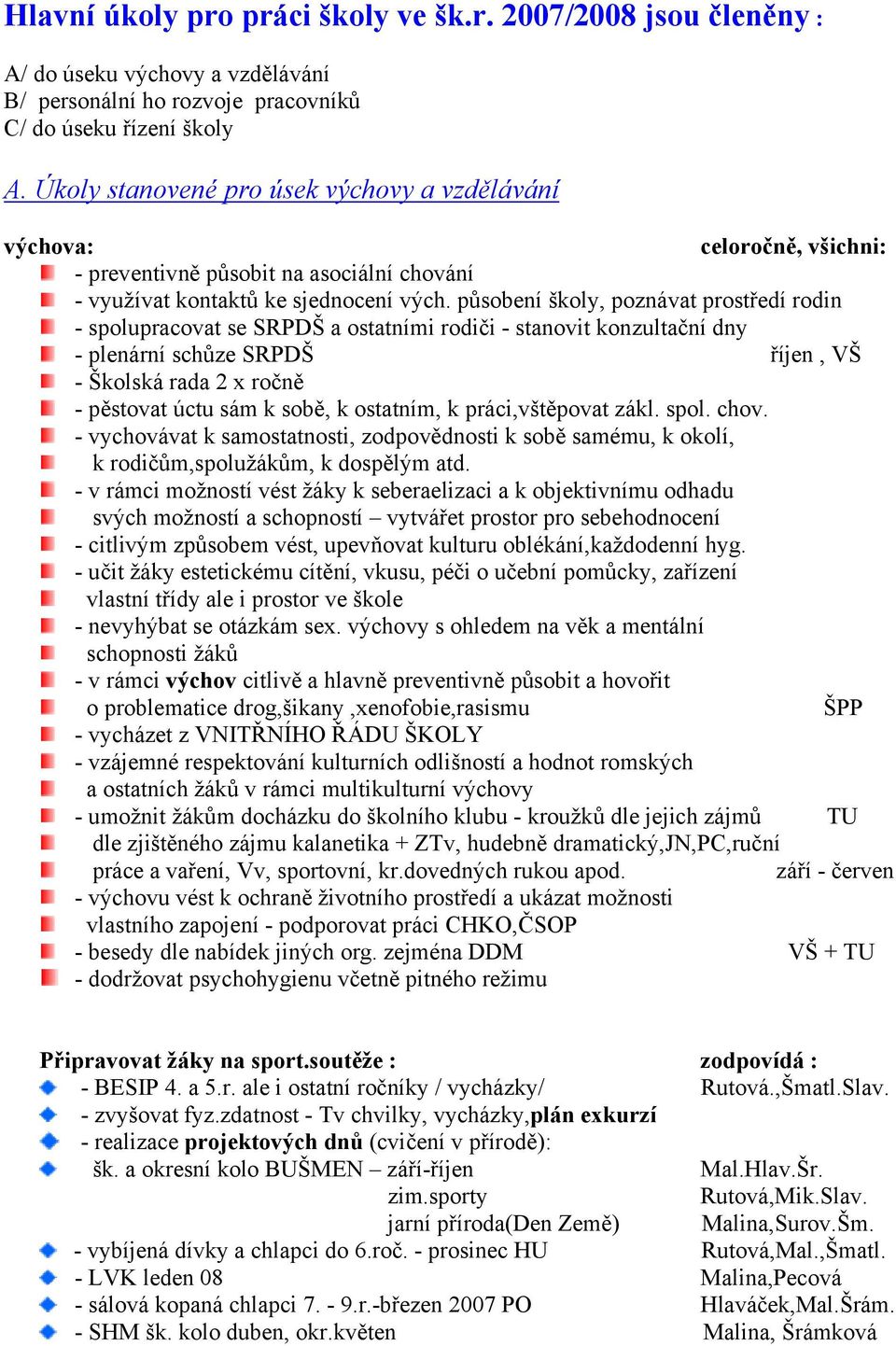 působení školy, poznávat prostředí rodin - spolupracovat se SRPDŠ a ostatními rodiči - stanovit konzultační dny - plenární schůze SRPDŠ říjen, VŠ - Školská rada 2 x ročně - pěstovat úctu sám k sobě,