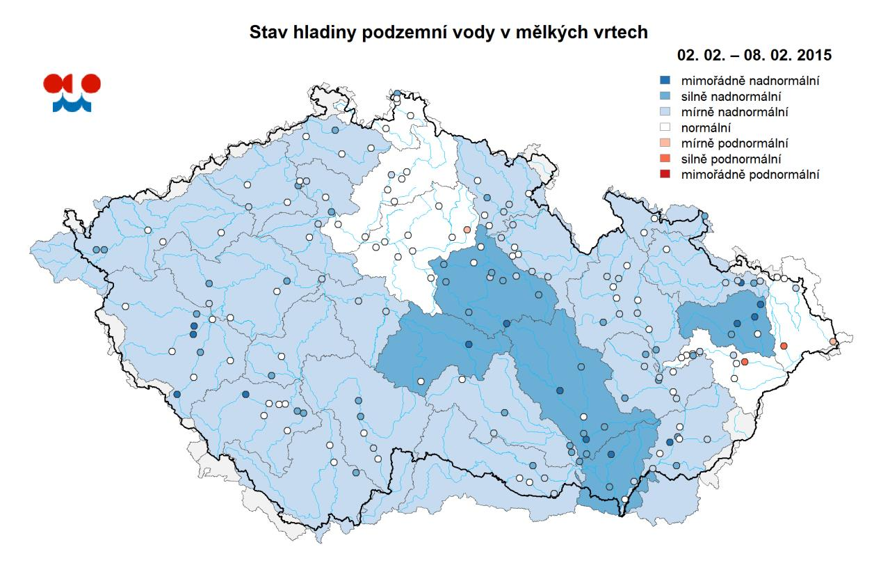 Mapa ukazuje stav podzemní vody ve sledovaných vrtech a oblastech povodí dle pravděpodobnosti překročení úrovně hladin v daném kalendářním měsíci v referenčním období 1981 2010 (viz text).