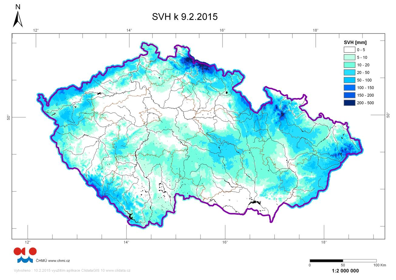Mapa rozložení vodní hodnoty sněhu (SVH) k 9. únoru 2015: Zásoba vody ve sněhové pokrývce k 9. 2. odtoková výška (mm) objem (mil.m 3 ) odtoková výška (mm) objem (mil.
