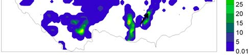 5. VYUŽITÍ DRUŽICOVÝCH DAT K ODHADU KONVEKTIVNÍCH SRÁŽEK Obr. 5.6 Vybraný případ z 14.7. 2006, 10:00 UTC generující nereálné srážky ve 3-D matici. Obrázky znázorňují a) kanál IR10.