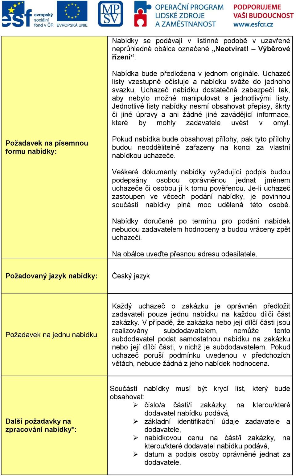 Jednotlivé listy nabídky nesmí obsahovat přepisy, škrty či jiné úpravy a ani žádné jiné zavádějící informace, které by mohly zadavatele uvést v omyl.