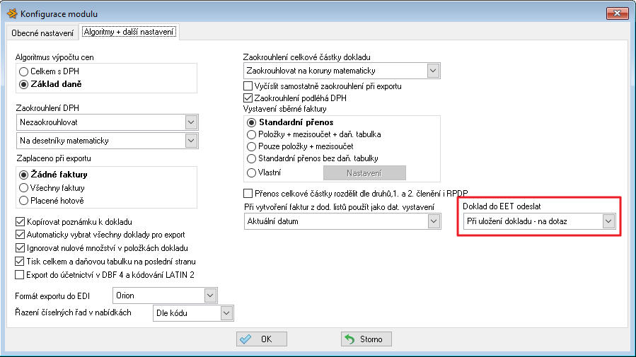 4. Fakturace 4.1 Konfigurace modulu V konfiguraci modulu na záložce Algoritmy + další nastavení je možné nastavit, kdy má dojít k odeslání dokladu.
