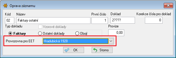 4.3 Číselníky - Číselné řady Ve volbě číselníky Číselné řady je třeba pro každou řadu, kde se předpokládá, že bude obsahovat doklady podléhající EET, přiřadit provozovnu.