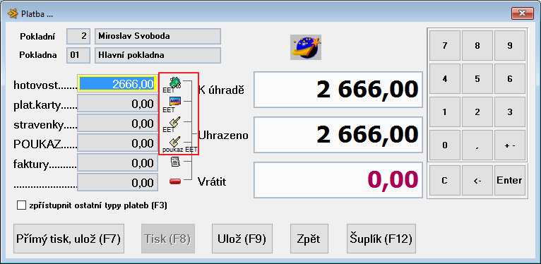 3.4 Pokladna prodej Při pořizování pokladního dokladu je při platbě vidět, jaká platidla