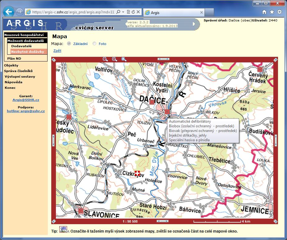 Při volání této stránky odkazem Mapa se zobrazují mapové podklady z Českého úřadu zeměměřického a katastrálního (ČÚZK).