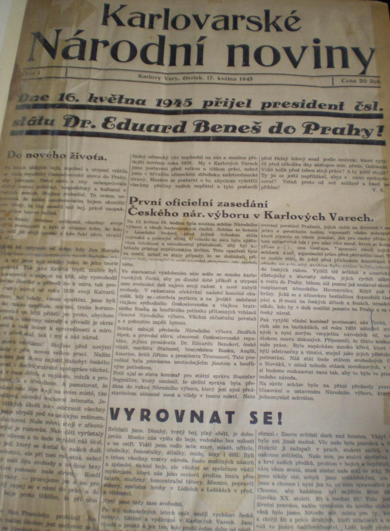 Příloha VII První výtisk Karlovarských Národních novin