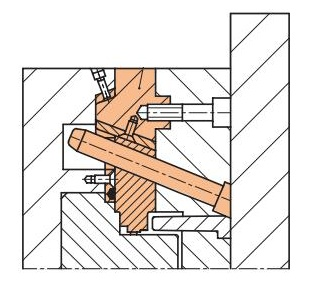 3.3.4 25 Vyhazování pomocí šikmých čepů Je speciální formou mechanického vyhazování. Vyhazovací kolíky nejsou kolmé k dělící rovině, ale jsou k ní uloženy pod různými úhly.