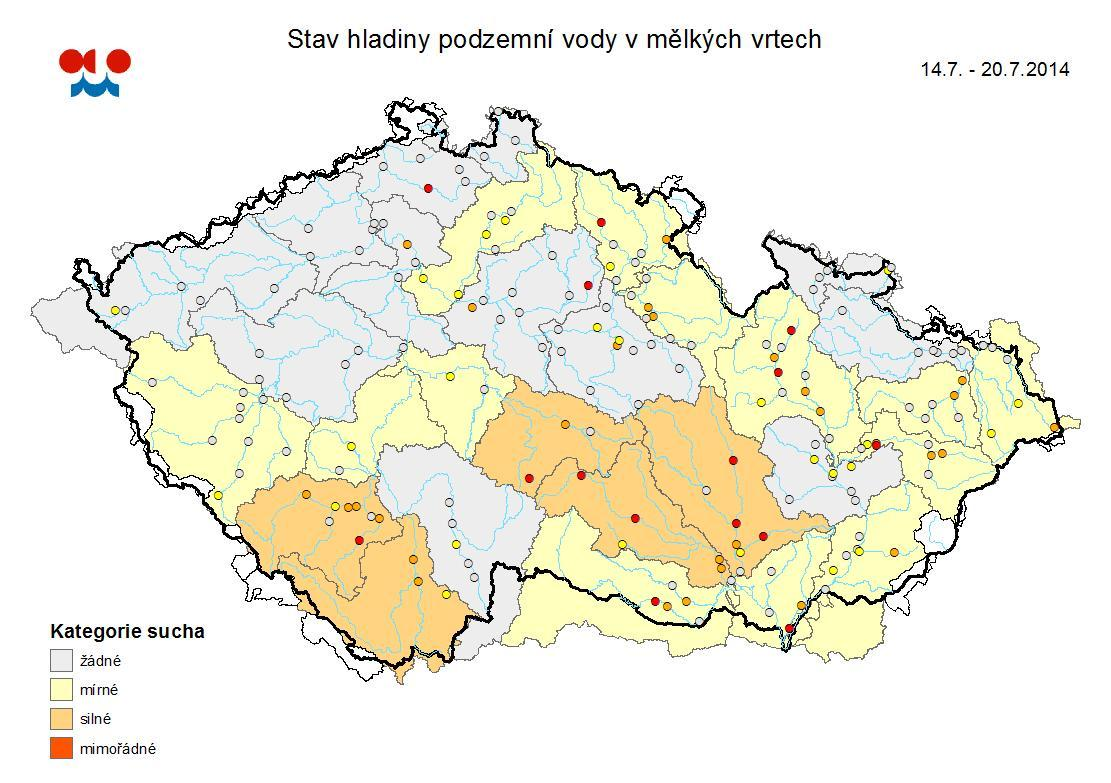 Mapa ukazuje vyhodnocení kategorie sucha ve sledovaných vrtech a oblastech povodí dle pravděpodobnosti překročení úrovně hladin v daném kalendářním měsíci v referenčním období 1981-2010 (viz text).