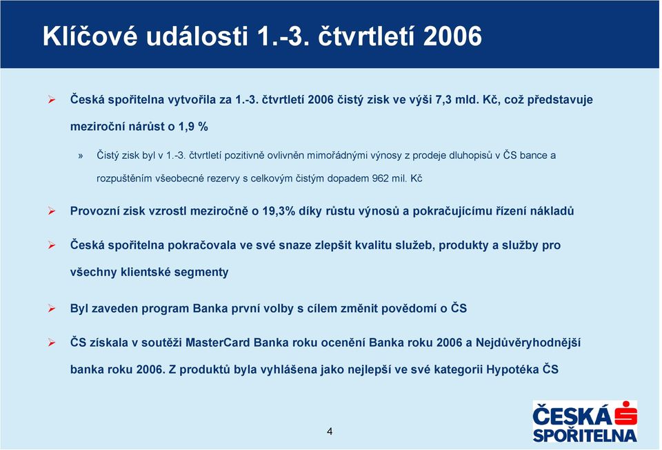 klientské segmenty Byl zaveden program Banka první volby s cílem změnit povědomí o ČS ČS získala v soutěži MasterCard Banka roku ocenění Banka roku 2006 a Nejdůvěryhodnější banka roku 2006.