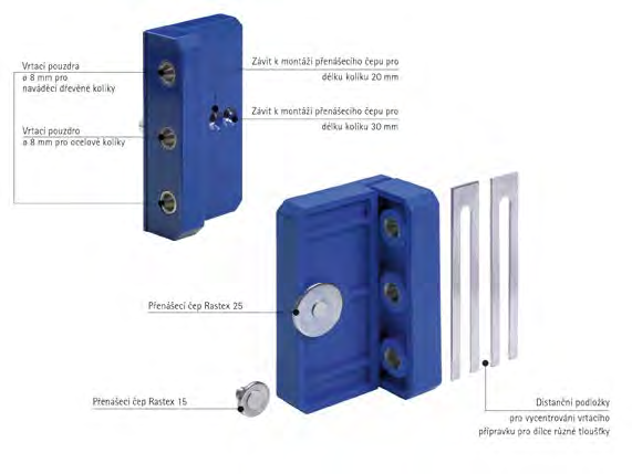 Vrtací přípravky BlueJig pro kolíky Pro spojovací kování BlueJig pro kolíky K vrtání otvorů do hrany pro ocelové kolíky - Rastex 15 a kolík s upínacím rozměrem 20 mm = vzdálenost vrtání 24 mm -