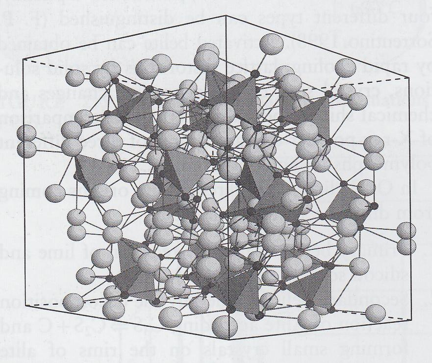 Obrázek 12: Krystalová struktura u Belit může portlandském cementu vznikat několika způsoby a to: Primární vzniklý reakcí CaO a SiO 2 Sekundární vzniklý rozkladem alitu C 3 S C 2 S+CaO Terciární
