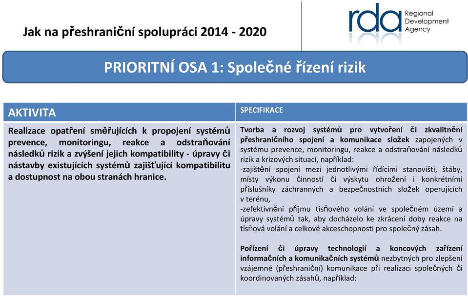 Tvorba a rozvoj systémů pro vytvoření či zkvalitnění přeshraničního spojení a komunikace složek zapojených v systému prevence, monitoringu, reakce a odstraňování následků rizik a krizových situací,