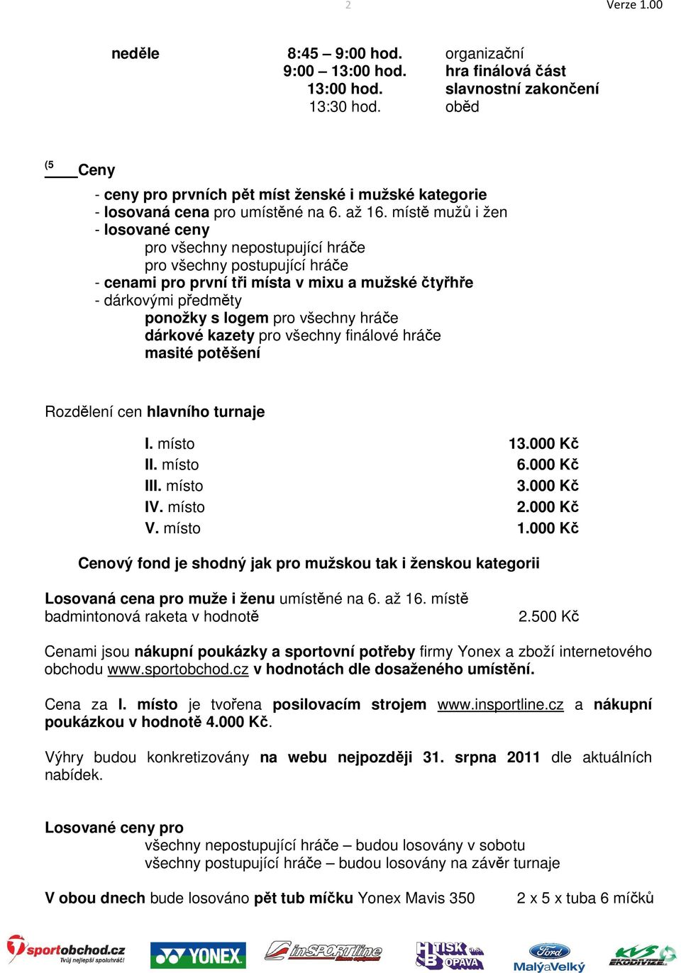 místě mužů i žen - losované ceny pro všechny nepostupující hráče pro všechny postupující hráče - cenami pro první tři místa v mixu a mužské čtyřhře - dárkovými předměty ponožky s logem pro všechny