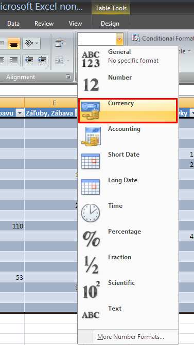 Cvičenie 3: MS Office Excel 2007 Účtovná kniha 4 5. Pre stĺpce Strava až Ostatné nastavte formát Mena, pretože sem budete zadávať svoje výdavky. 6.