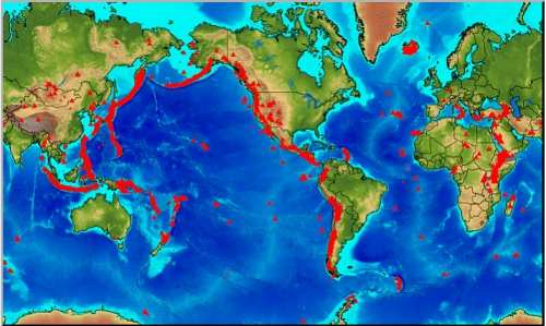 Geografické rozložení činných sopek v rámci celé planety se zvýrazněním