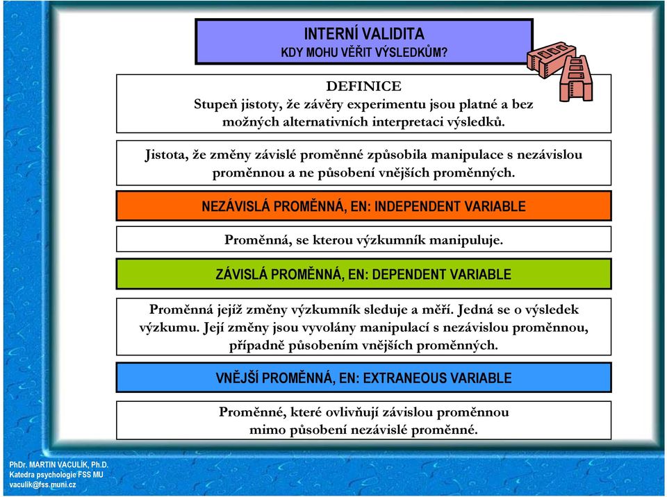 NEZÁVISLÁ PROMĚNNÁ, EN: INDEPENDENT VARIABLE Proměnná, se kterou výzkumník manipuluje.