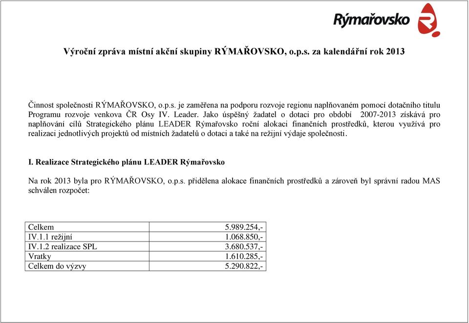 Jako úspěšný žadatel o dotaci pro období 2007-2013 získává pro naplňování cílů Strategického plánu LEADER Rýmařovsko roční alokaci finančních prostředků, kterou využívá pro realizaci jednotlivých