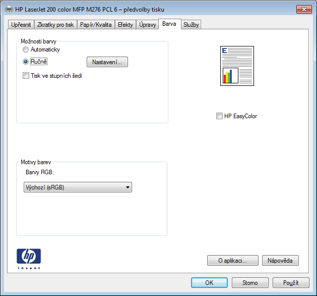 3. Klikněte na kartu Barva. 4. Klikněte na nastavení Automaticky nebo Ručně. Nastavení Automaticky: Toto nastavení vyberte pro většinu tiskových úloh.
