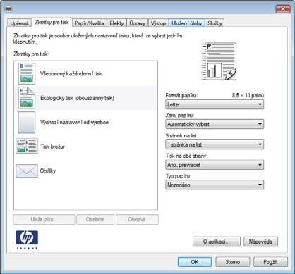 Vytvoření zkratky pro tisk (Windows) 1. Vyberte ze softwarového programu možnost Tisk. 2. Vyberte produkt a pak klikněte na tlačítko Vlastnosti nebo Předvolby. 3. Klikněte na kartu Zkratky pro tisk.