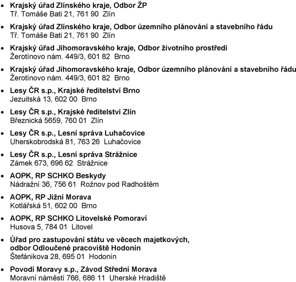 449/3, 601 82 Brno Krajský úřad Jihomoravského kraje, Odbor územního plánování a stavebního řádu Žerotínovo nám. 449/3, 601 82 Brno Lesy ČR s.p., Krajské ředitelství Brno Jezuitská 13, 602 00 Brno Lesy ČR s.