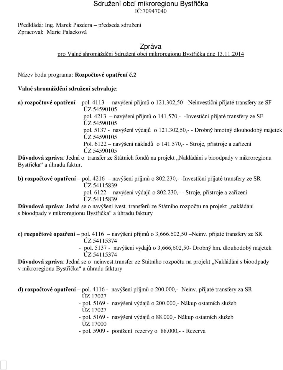 302,50 -Neinvestiční přijaté transfery ze SF ÚZ 54590105 pol. 4213 navýšení příjmů o 141.570,- -Investiční přijaté transfery ze SF ÚZ 54590105 pol. 5137 - navýšení výdajů o 121.